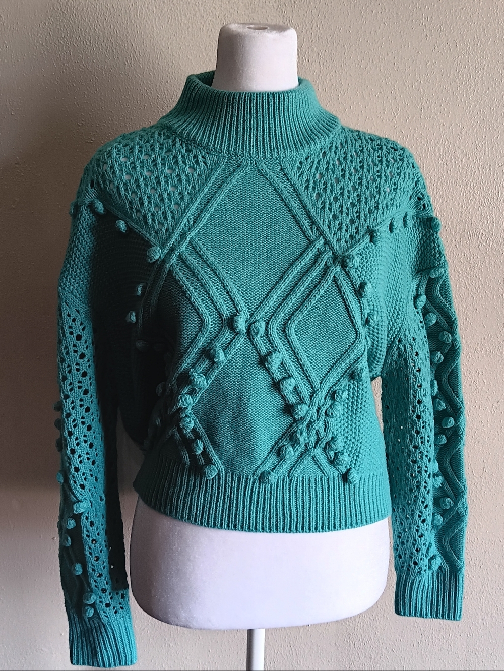 Rock & Roll Denim, Teal Textured Pom-Pom, Loose Knit Boxy Sweater Sz Small